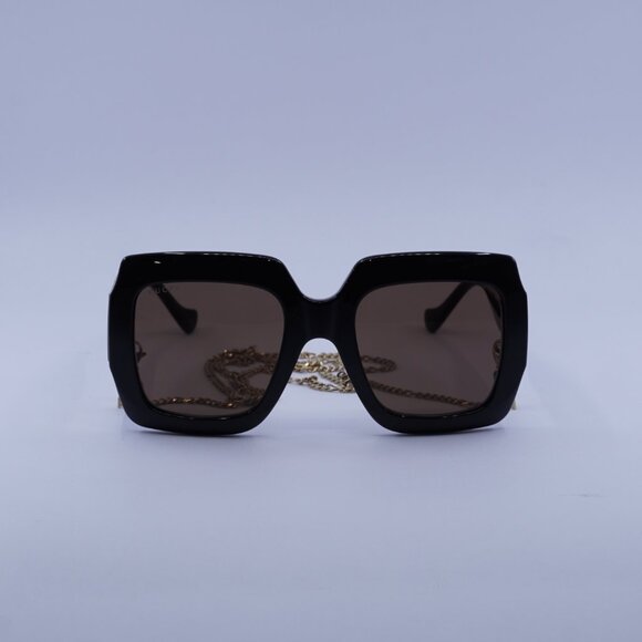 Gucci GG1022S 005 Sunglasses Black Square Frame, Brown with Gold Chain Lenses - Picture 2 of 11
